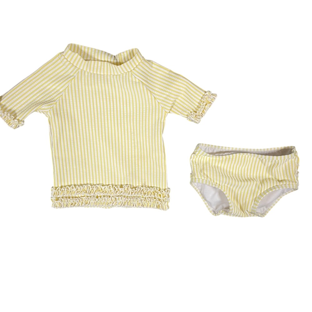 RuffleButts Girls Yellow/White Striped 2pc Swim Set Rashguard Bikini 18-24M